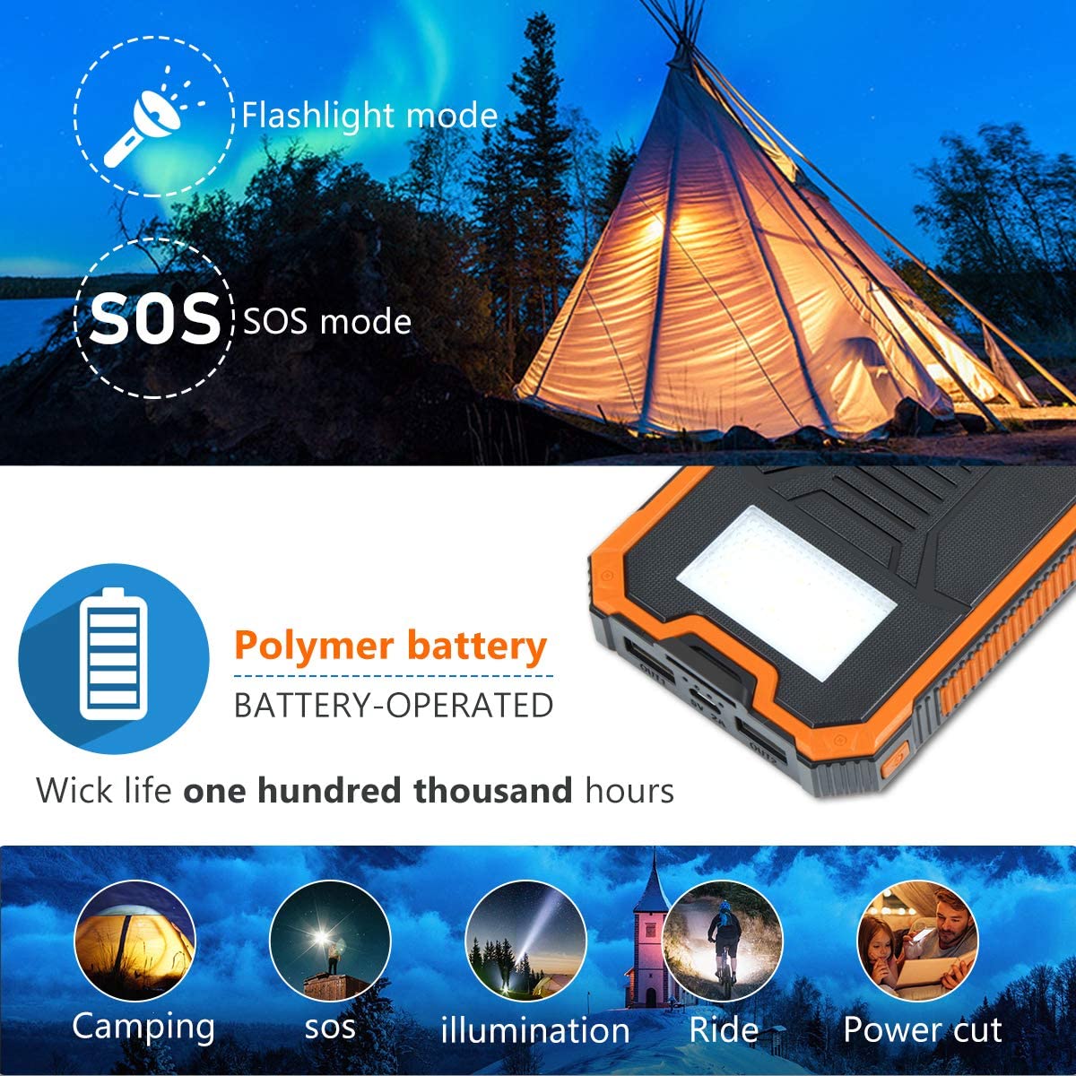 High capacity 20000 mAh outdoor solar cell pack, light function hand-crank power generation 10W & 20W output power