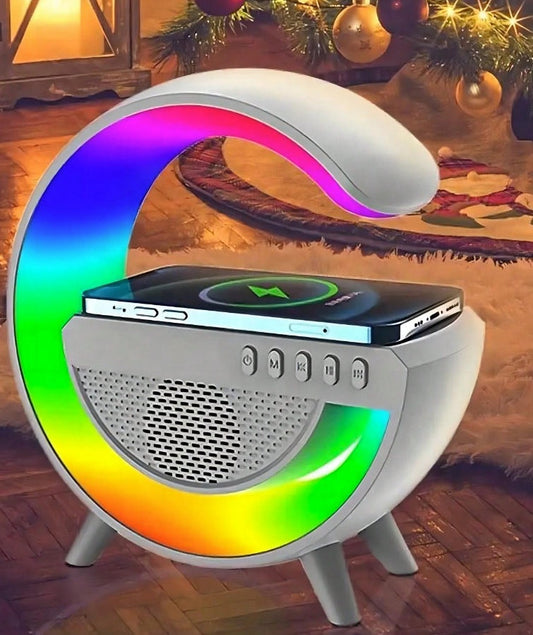 A Bluetooth speaker with wireless charging, time display and LED ambient lighting